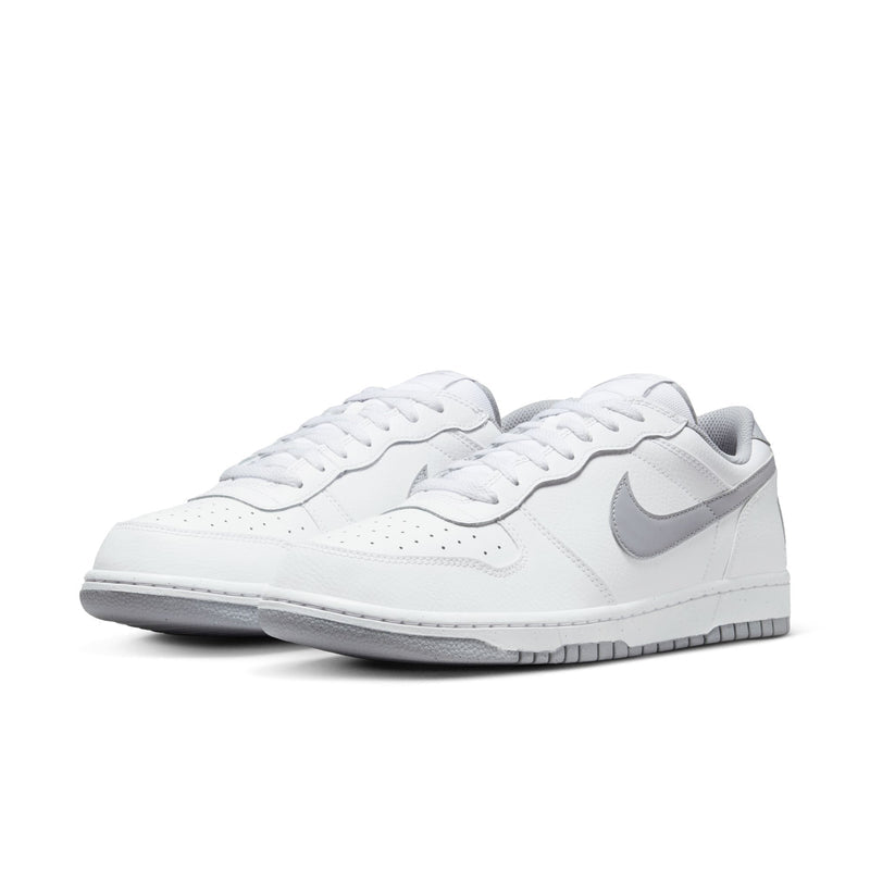 White Nike low-top sneakers with Wolf Grey side Swoosh and patterned toe perforations
