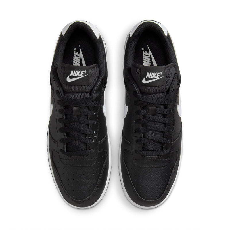 Men's black low-top sneakers front view with black tongue and white sole edge