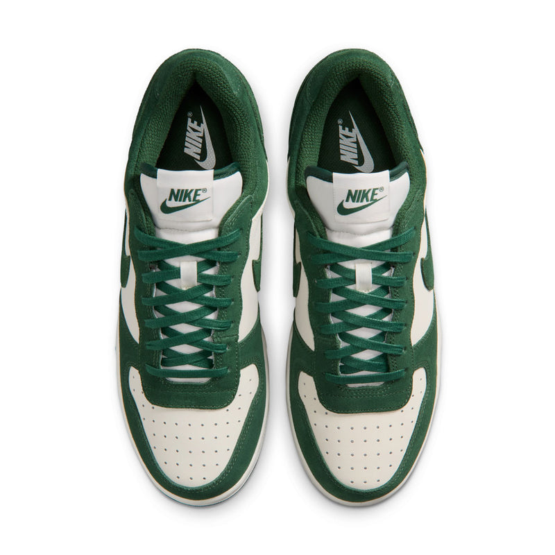 Pair of men's Nike low-top sneakers showing tongue and lace area in dark green