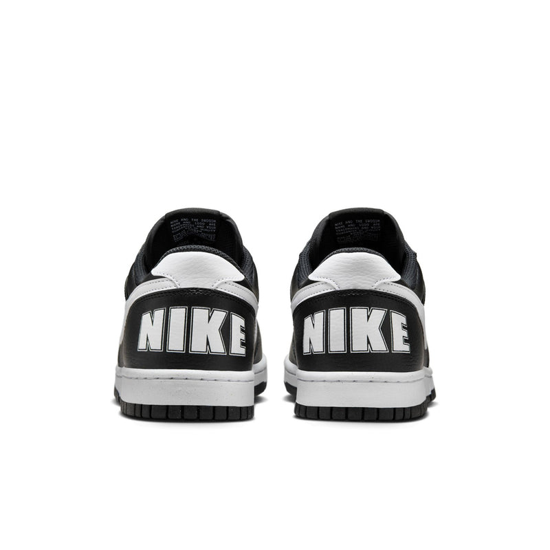 Men's black low-top sneakers from the back with NIKE heel panel and white midsole