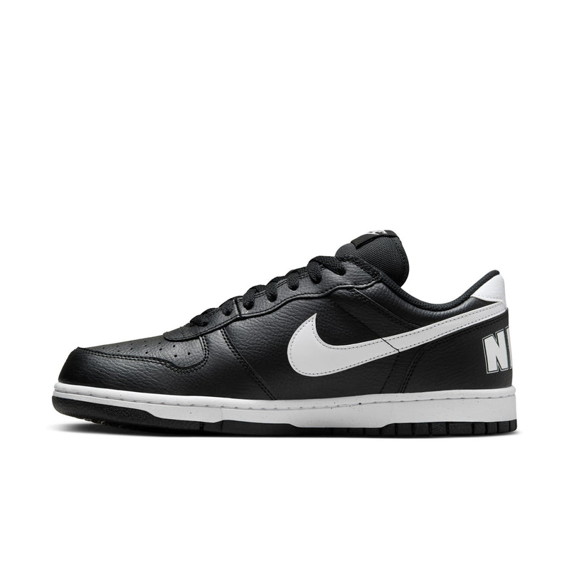 Men's black leather low-top sneakers with white Swoosh and lace-up front