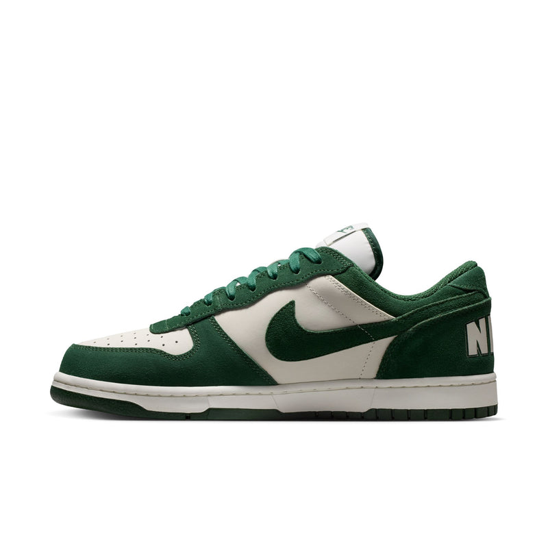 Men's Nike low-top sneakers, angled side view with dark green laces and cream midsole