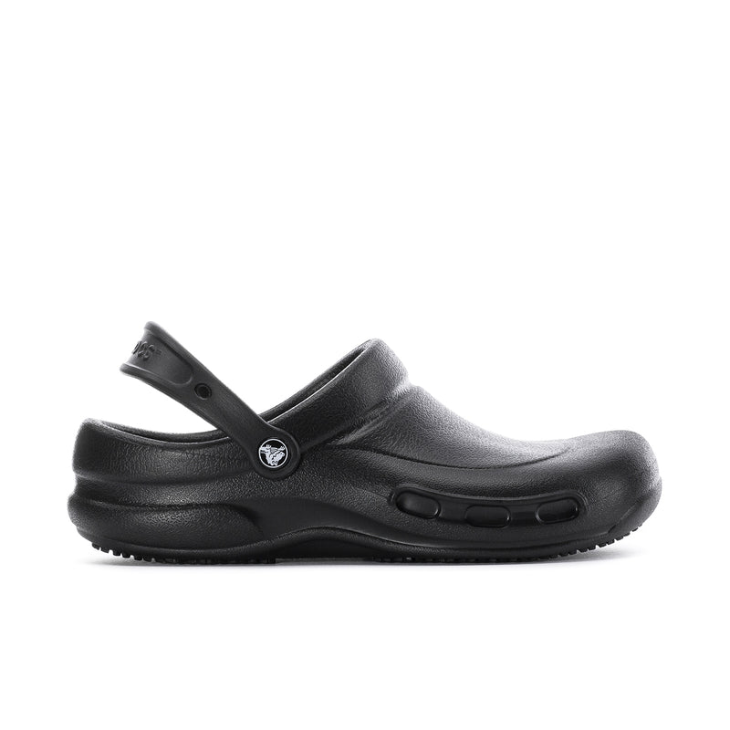 Men's black slip-resistant clog with adjustable heel strap and round toe