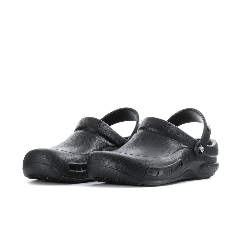 Men's black slip-resistant clogs, side view with heel strap and vented upper