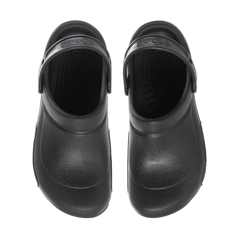 Men's black slip-resistant clogs front view with open collar and textured lining