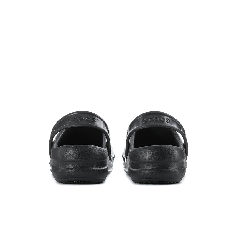 Men's black slip-resistant clogs back view with heel strap and molded seams