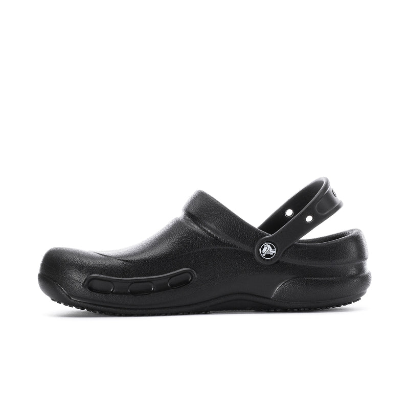 Men's black slip-resistant clog side profile with vented upper and cushioned sole