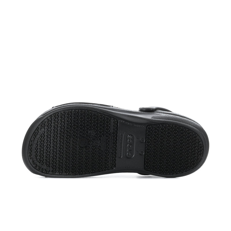Men's black slip-resistant clog outsole view with textured anti-slip tread