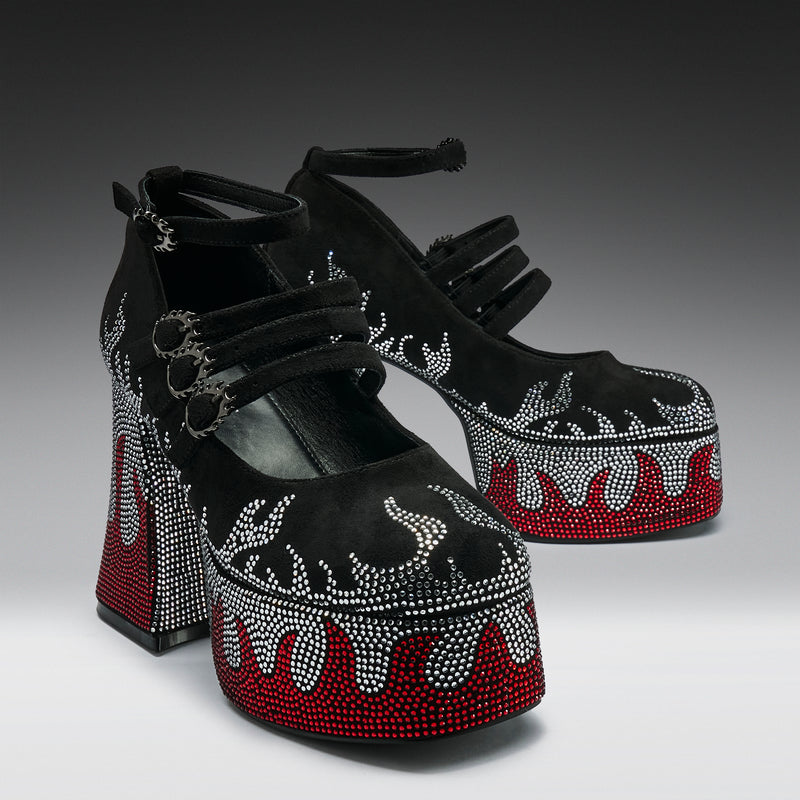 Blazed Flames Strappy Heels- Black - Front View