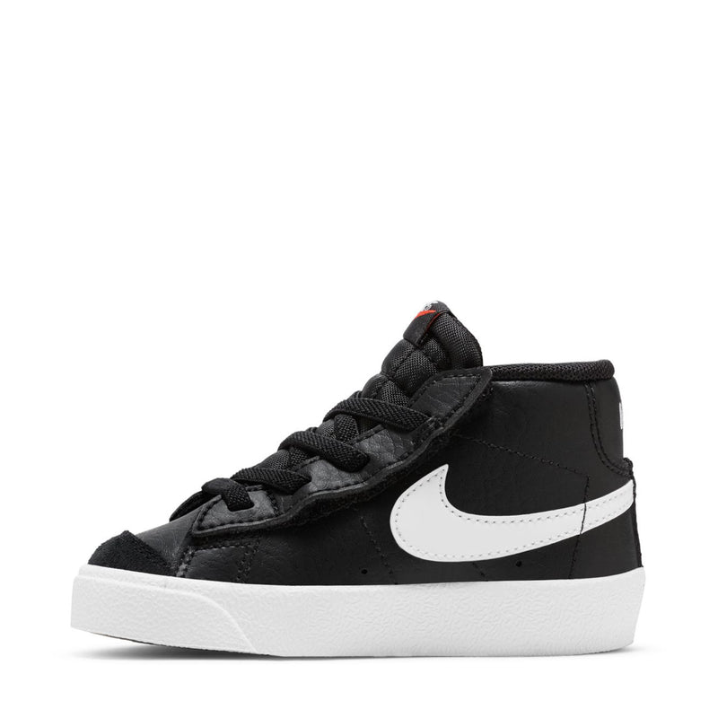 Black toddler high-top sneaker with white swoosh, black laces, and white midsole.