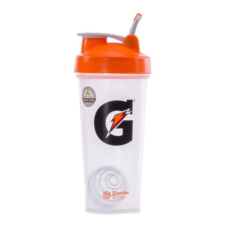 28oz clear shaker bottle with orange lid and straw