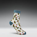 Floral-patterned sock with blue accents on a gray background