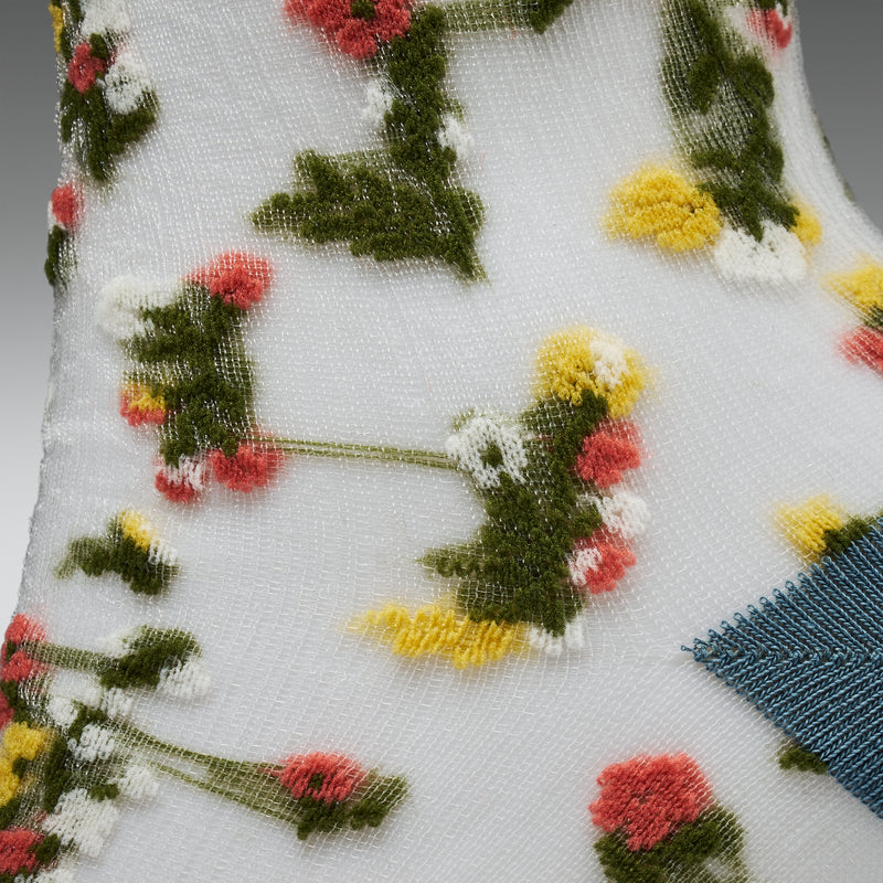 Close-up of a floral-patterned fabric with red, yellow, and green flowers on a white background.
