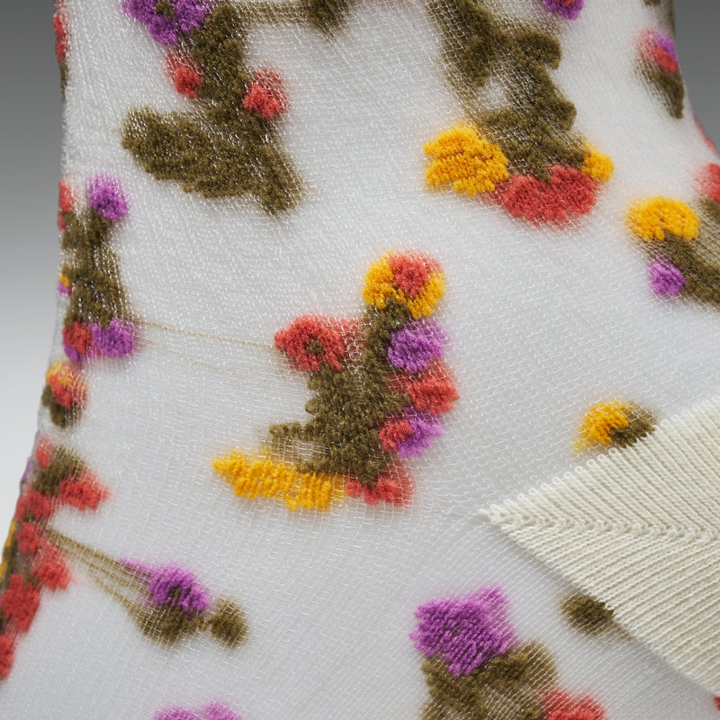 Close-up of a sock with colorful floral pattern on a white background