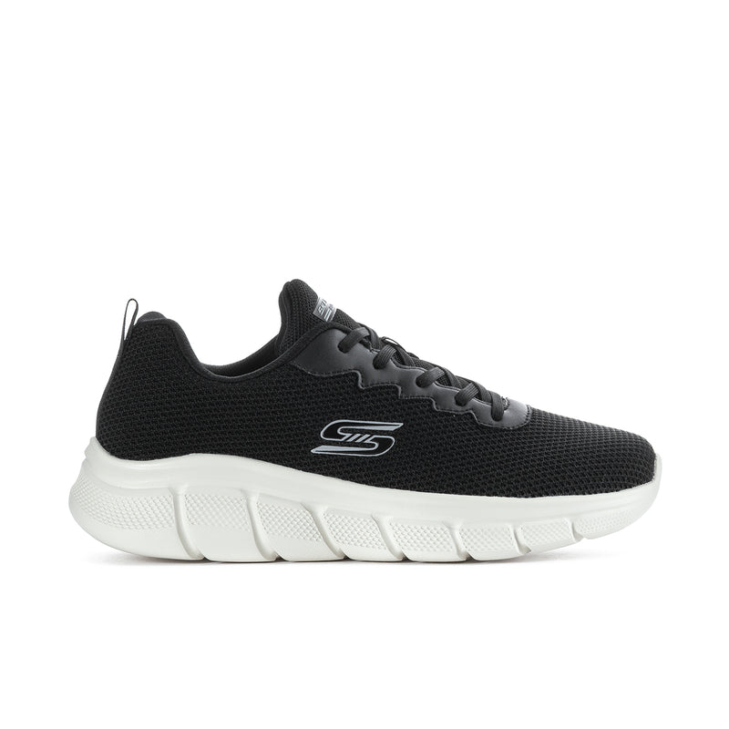 Men's black knit running sneaker with white sole and lace-up front