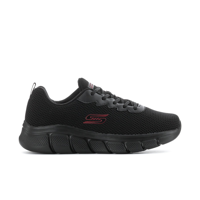 Men's black lace-up knit running shoe with red logo accent