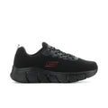 Men's black lace-up knit running shoe with red logo accent