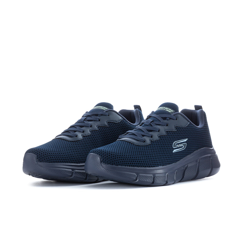 Men's navy BOBS by Skechers lace-up sneakers, front view with logo on side