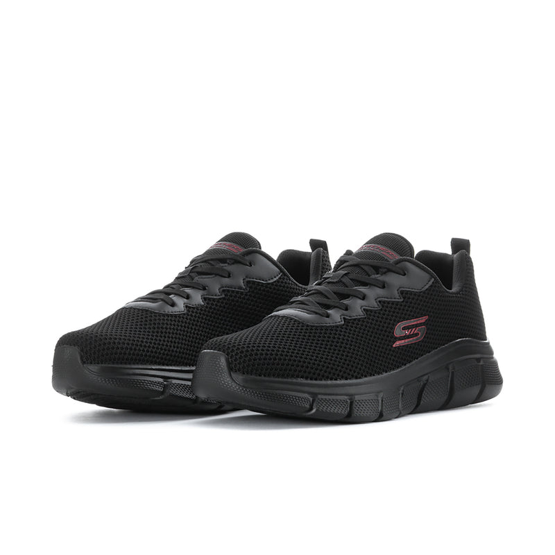 Men's black lace-up knit running shoes, side view, chunky cushioned sole