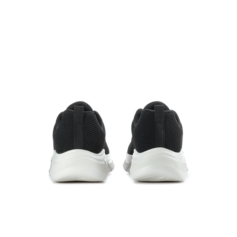Men's black knit sneaker heels with white midsole and back pull tabs