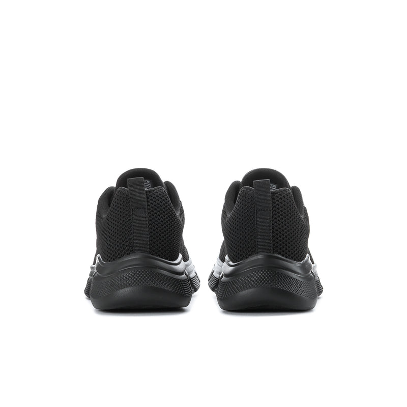 Men's black running shoes, heel back view