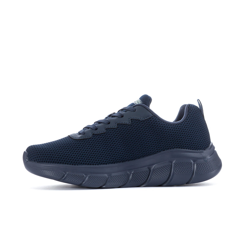 Men's navy BOBS by Skechers low-top sneakers, side profile and lace-up closure