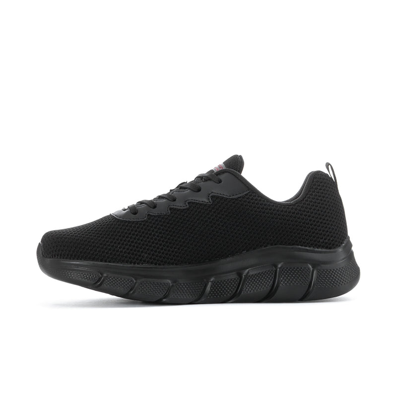 Men's black lace-up running shoe with textured upper and dark sole