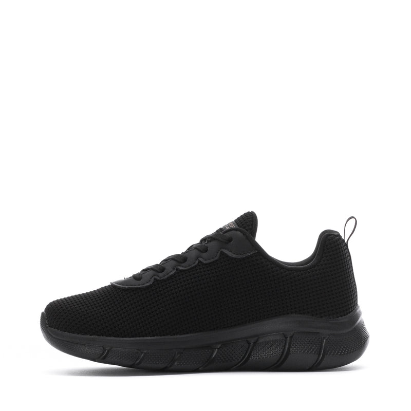 Women's black lace-up sneaker with textured upper and sculpted sole