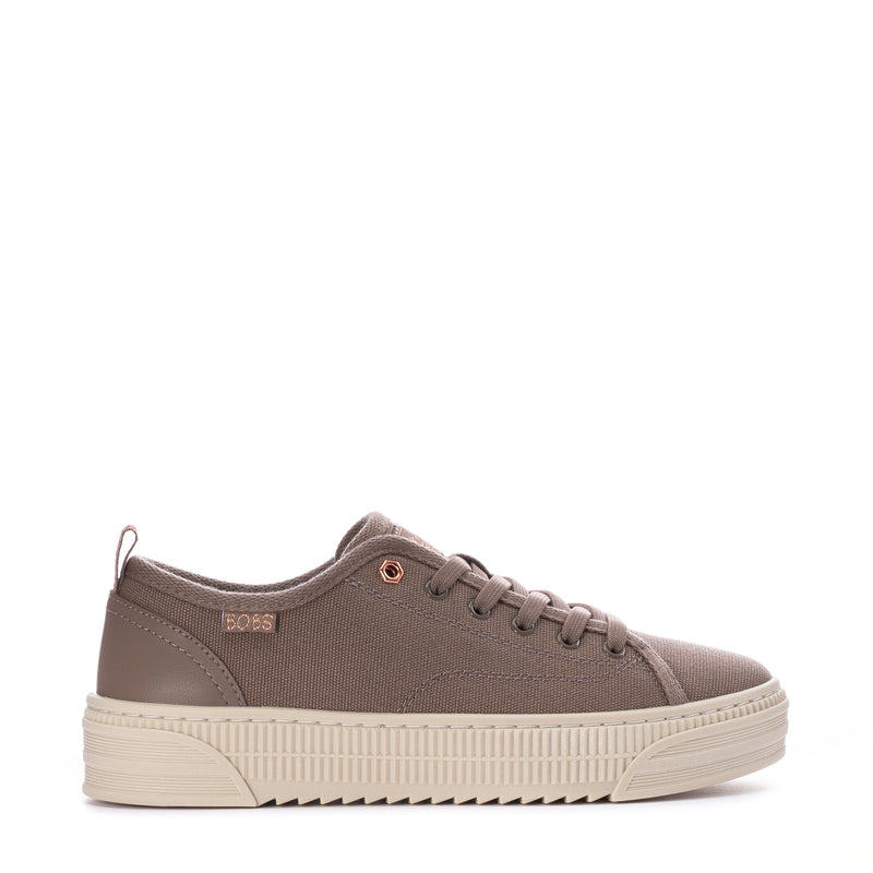 Women's taupe canvas sneakers with lace-up front and rubber platform sole