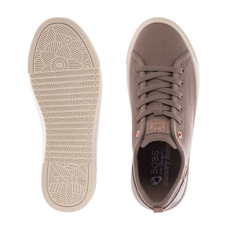 Women's taupe canvas sneakers: outsole tread and inner lining view
