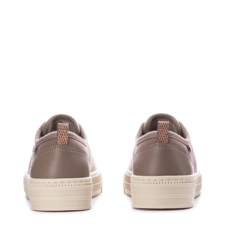 Women's taupe canvas sneakers with rounded toe and stitched heel back