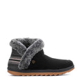 Black women's winter boots with gray faux-fur crossover collar and side logo tag