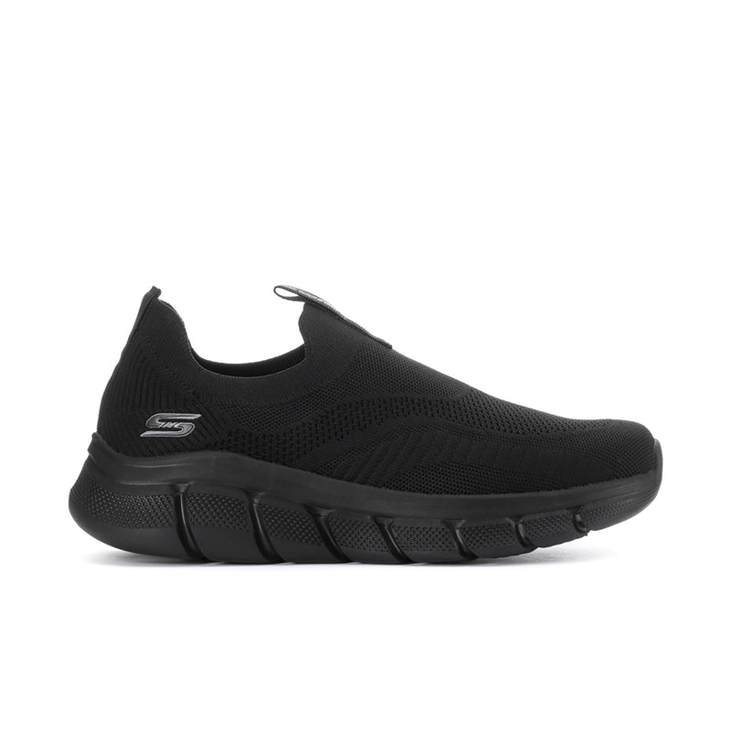 Men's black slip-on knit sneaker with cushioned sole and textured tread