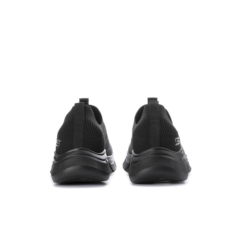 Men's black slip-on shoes, rear view, padded heel and outsole tread