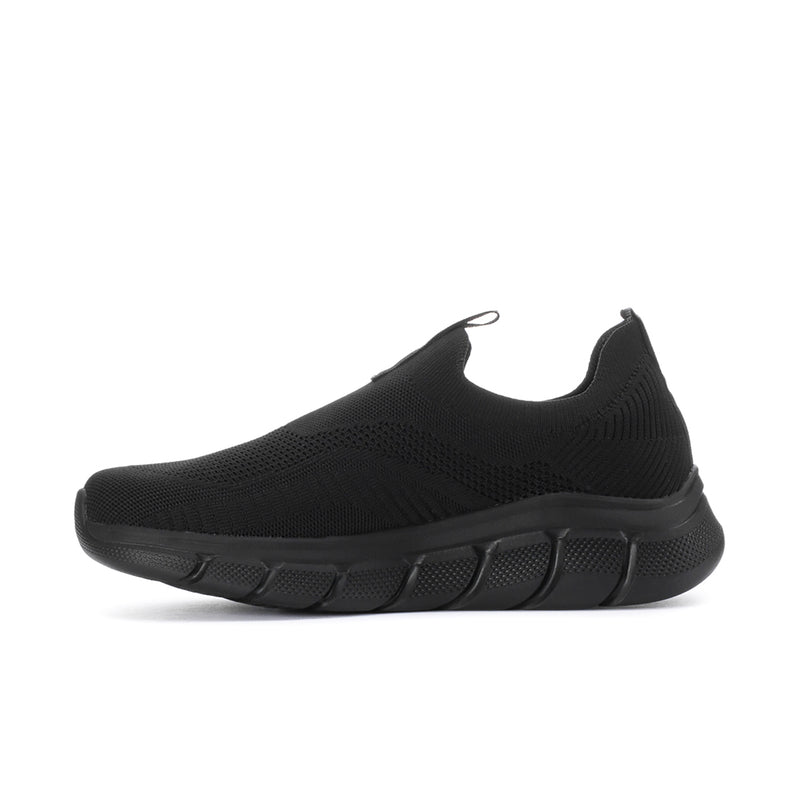 Men's black slip-on sneaker with knit upper and rocker-style outsole tread