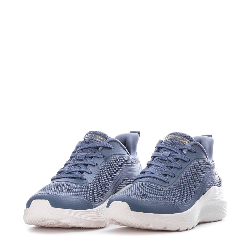 Pair of slate women's lace-up mesh sneakers with white cushioned soles, front