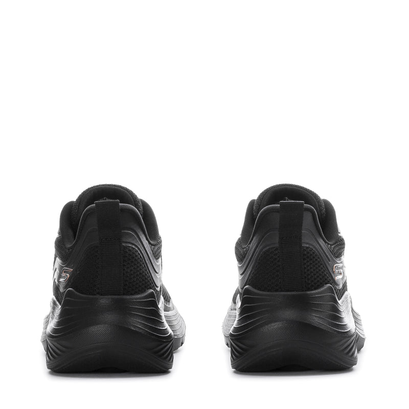 Black athletic sneakers rear view with heel pull tab and cushioned midsole