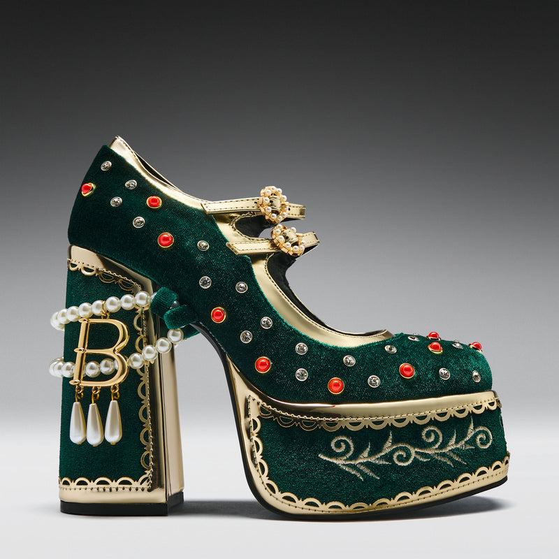 Boleyn’s Revenge Bejewelled Velvet Heels - Green - Right View