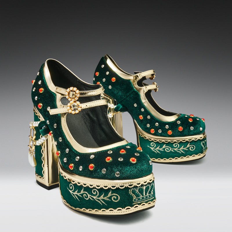 Boleyn’s Revenge Bejewelled Velvet Heels - Green - Front View