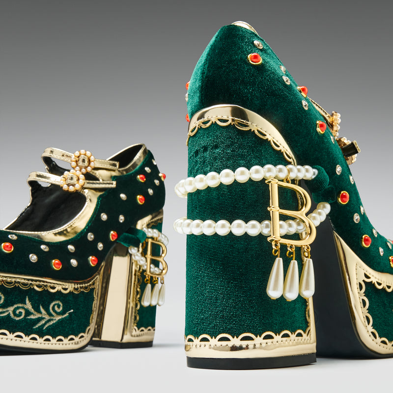 Boleyn’s Revenge Bejewelled Velvet Heels - Green - Heel
