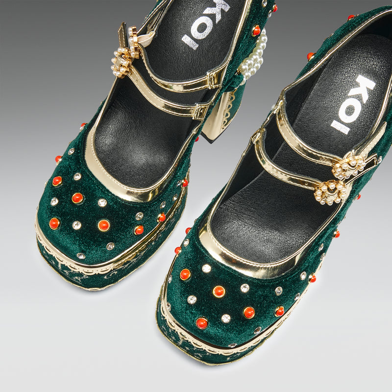 Boleyn’s Revenge Bejewelled Velvet Heels - Green - Top View