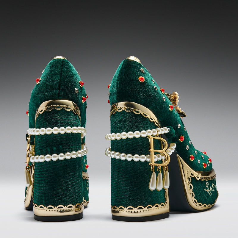 Boleyn’s Revenge Bejewelled Velvet Heels - Green - Back View