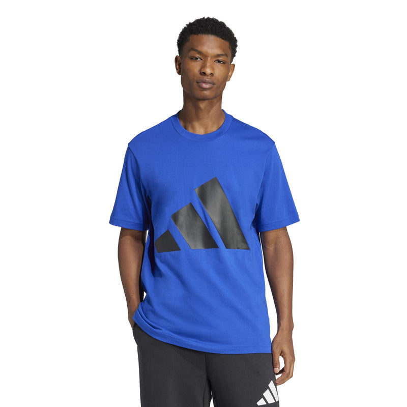 Men's Team Royal Blue graphic T-shirt on model with black and gray logo print