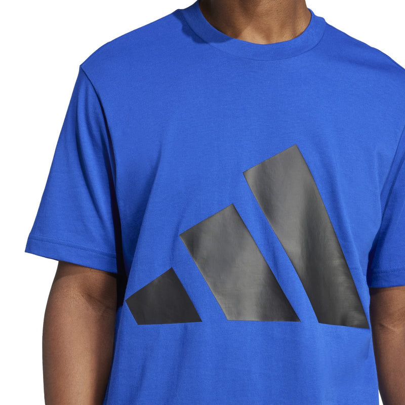 Men's Team Royal Blue T-shirt close-up of black and gray logo print across chest