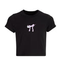 Youth black crew-neck T-shirt with lilac bow graphic on the chest