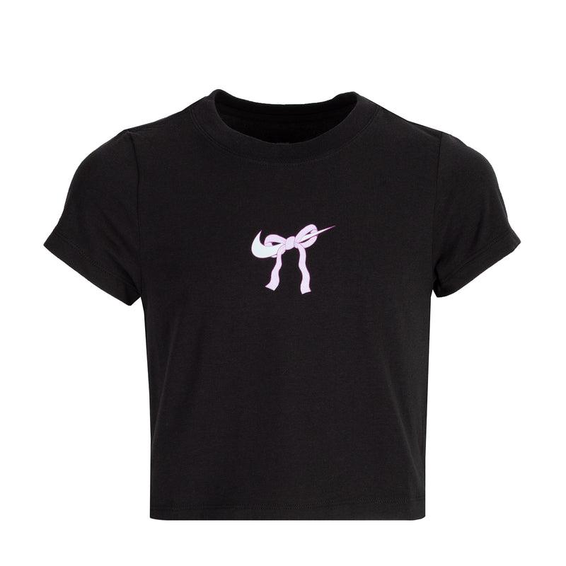 Youth black crew-neck T-shirt with lilac bow graphic on the chest