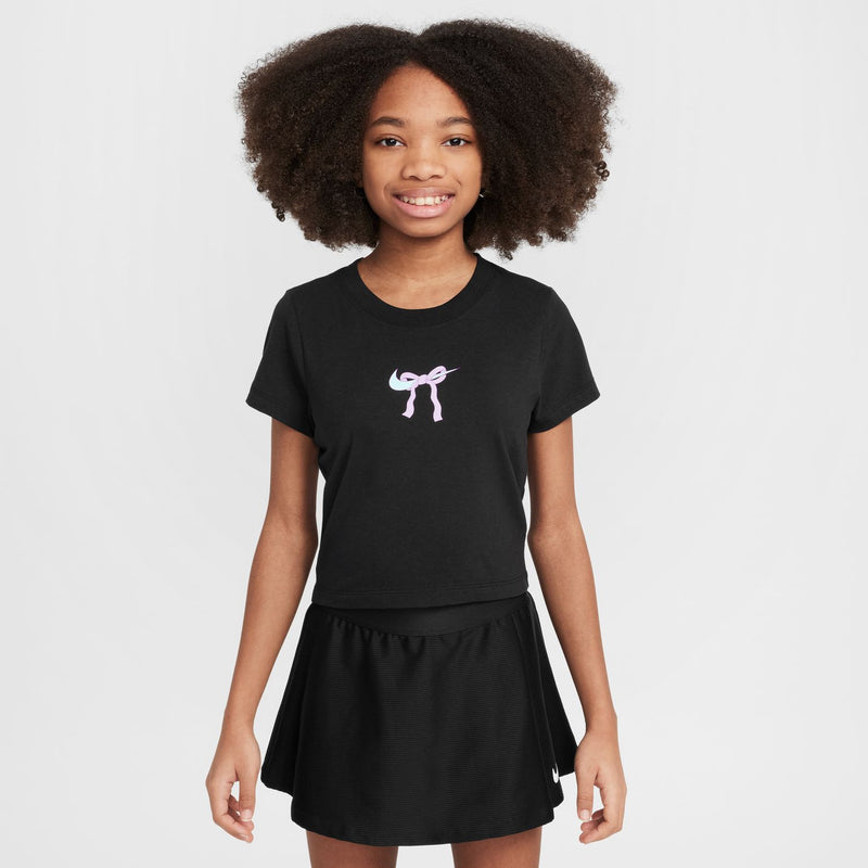 Youth black short-sleeve T-shirt with lilac bow logo at center chest