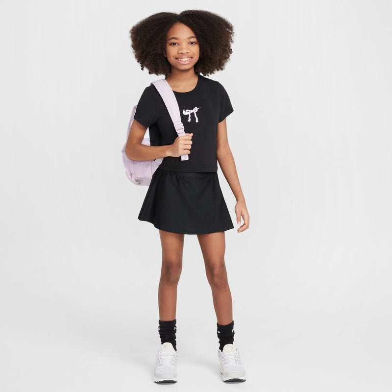 Youth black T-shirt with lilac bow emblem on the front, crew neck