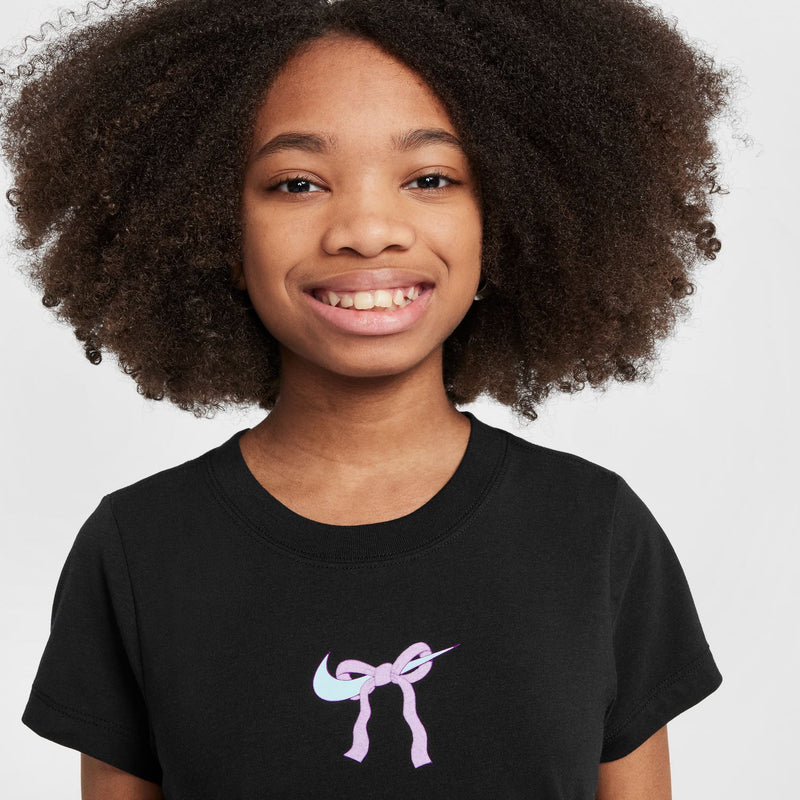 Youth black crew-neck T-shirt with lilac bow graphic on chest