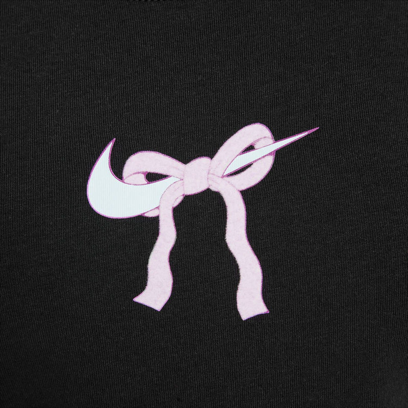 Close-up of lilac bow graphic on a youth black T-shirt